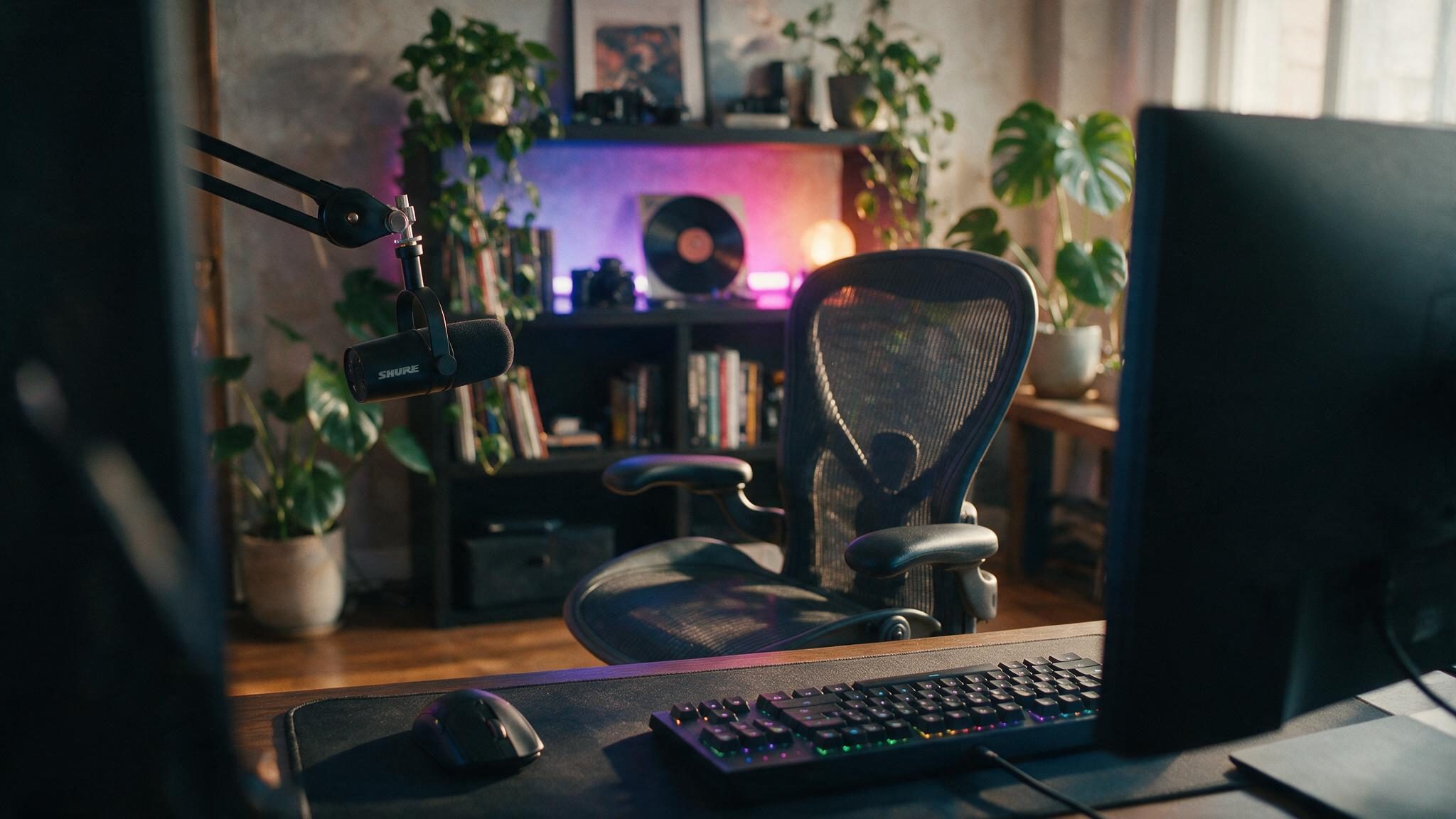 Workstation with monitor, keyboard and microphone